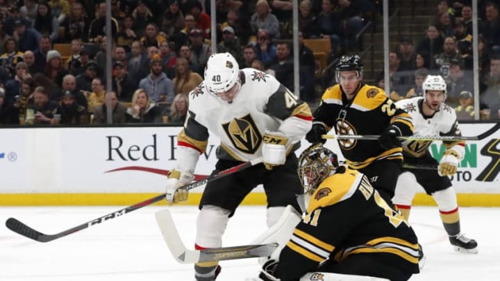 BOSTON, MA - NOVEMBER 11: Vegas Golden Knights right wing Ryan Carpenter (40) looks for a rebound off Boston Bruins goalie Jaroslav Halak (41) during a game between the Boston Bruins and the Vegas Golden Knights on November 11, 2018, at TD Garden in Boston, Massachusetts. (Photo by Fred Kfoury III/Icon Sportswire via Getty Images)