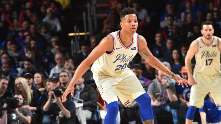 PHILADELPHIA, PA - APRIL 3: Markelle Fultz #20 of the Philadelphia 76ers plays tight defense against the Brooklyn Nets at Wells Fargo Center on April 3, 2018 in Philadelphia, Pennsylvania NOTE TO USER: User expressly acknowledges and agrees that, by downloading and/or using this Photograph, user is consenting to the terms and conditions of the Getty Images License Agreement. Mandatory Copyright Notice: Copyright 2018 NBAE (Photo by Jesse D. Garrabrant/NBAE via Getty Images)