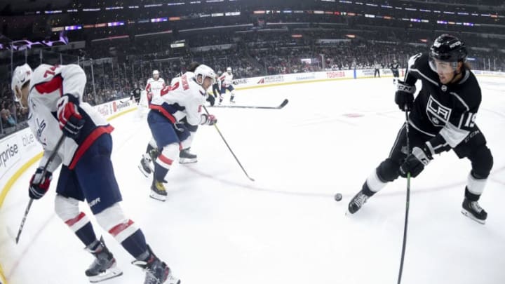 LOS ANGELES, CA - DECEMBER 04: Alex Iafallo #19 of the Los Angeles Kings skates with the puck during the third period against the Washington Capitals at STAPLES Center on December 4, 2019 in Los Angeles, California. (Photo by Andrew D. Bernstein/NHLI via Getty Images)