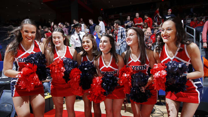 DAYTON, OH – NOVEMBER 30: Dayton Flyers cheerleaders get ready before the game against the Mississippi State Bulldogs at UD Arena on November 30, 2018 in Dayton, Ohio. (Photo by Joe Robbins/Getty Images)