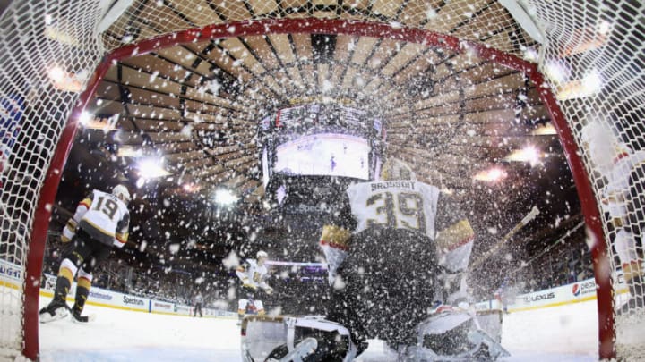 NEW YORK, NEW YORK - DECEMBER 17: Laurent Brossoit #39 of the Vegas Golden Knights tends net against the New York Rangers at Madison Square Garden on December 17, 2021 in New York City. The Golden Knights defeated the Rangers 3-2 in the shootout. (Photo by Bruce Bennett/Getty Images)