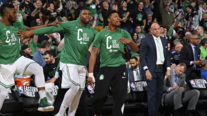 BOSTON, MA - MAY 27: Guerschon Yabusele #30 and Marcus Smart #36 of the Boston Celtics react against the Cleveland Cavaliers during Game Seven of the Eastern Conference Finals of the 2018 NBA Playoffs on May 27, 2018 at the TD Garden in Boston, Massachusetts. NOTE TO USER: User expressly acknowledges and agrees that, by downloading and or using this photograph, User is consenting to the terms and conditions of the Getty Images License Agreement. Mandatory Copyright Notice: Copyright 2018 NBAE (Photo by Brian Babineau/NBAE via Getty Images)