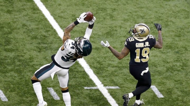 NEW ORLEANS, LOUISIANA - JANUARY 13: Cre'von LeBlanc #34 of the Philadelphia Eagles makes an interception during the first quarter against the New Orleans Saints in the NFC Divisional Playoff Game at Mercedes Benz Superdome on January 13, 2019 in New Orleans, Louisiana. (Photo by Jonathan Bachman/Getty Images)