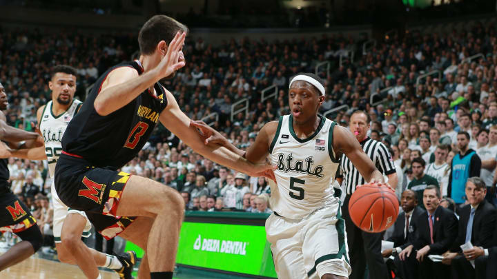 EAST LANSING, MI – JANUARY 21: Cassius Winston #5 of the Michigan State Spartans drives to the basket while defended by Ivan Bender #13 of the Maryland Terrapins in the first half at Breslin Center on January 21, 2019 in East Lansing, Michigan. (Photo by Rey Del Rio/Getty Images)
