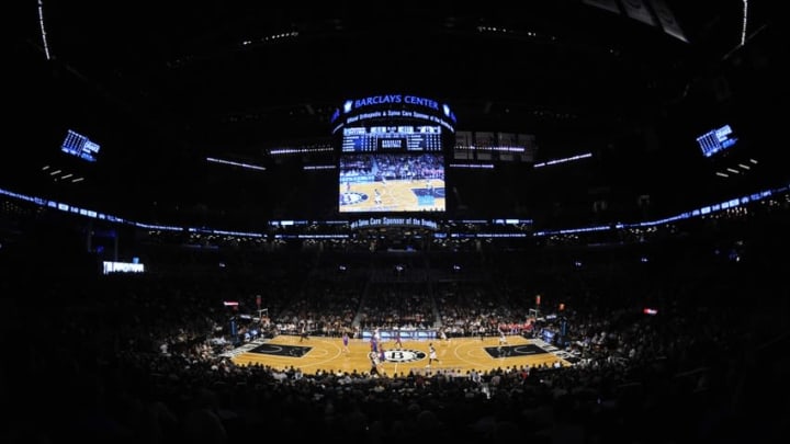 Oct 12, 2013; Brooklyn, NY, USA; A general view of game action between the Brooklyn Nets and Detroit Pistons during the first half of the preseason game at Barclays Center. Mandatory Credit: Joe Camporeale-USA TODAY Sports