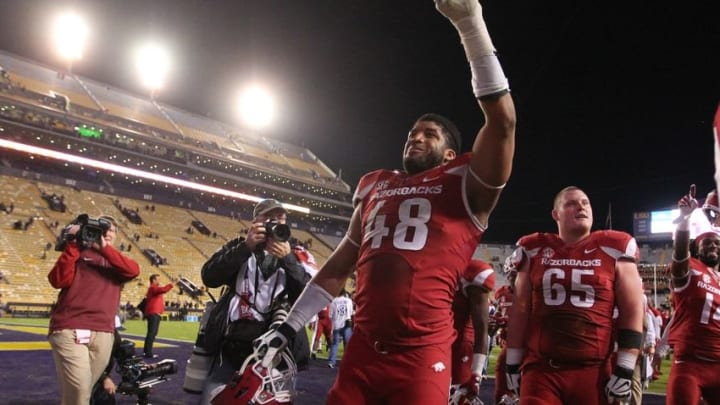 Nov 14, 2015; Baton Rouge, LA, USA; Arkansas Razorbacks defensive lineman Deatrich Wise Jr. (48) celebrates after defeating the LSU Tigers 31-14 at Tiger Stadium. Mandatory Credit: Crystal LoGiudice-USA TODAY Sports