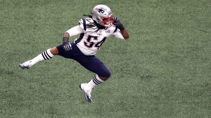 ATLANTA, GEORGIA - FEBRUARY 03: Dont'a Hightower #54 of the New England Patriots celebrates a third quarter sack against the Los Angeles Rams performs during the Pepsi Super Bowl LIII Halftime Show at Mercedes-Benz Stadium on February 03, 2019 in Atlanta, Georgia. (Photo by Rob Carr/Getty Images)