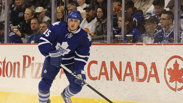 Dec 18, 2010; Vancouver, British Columbia, CANADA; Toronto Maple Leafs defenseman Tomas Kaberle (15)  . Mandatory Credit: Anne-Marie Sorvin-USA TODAY Sports