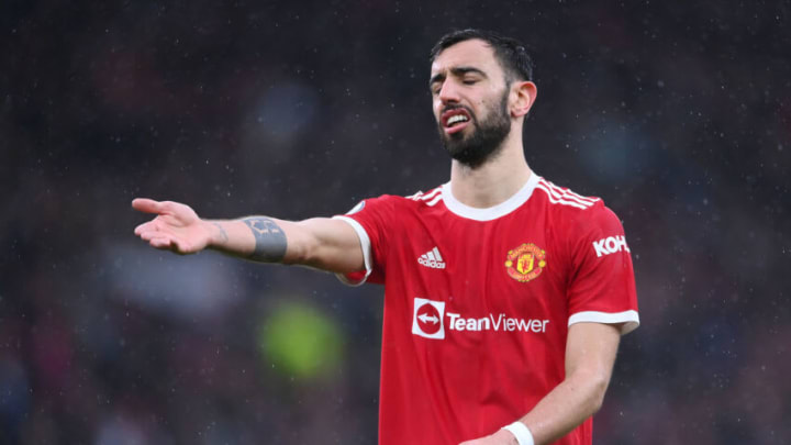 MANCHESTER, ENGLAND - FEBRUARY 12: Bruno Fernandes of Manchester United reacts during the Premier League match between Manchester United and Southampton at Old Trafford on February 12, 2022 in Manchester, England. (Photo by Laurence Griffiths/Getty Images)