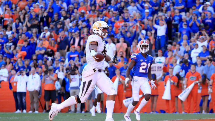 GAINESVILLE, FL – NOVEMBER 03: Albert Okwuegbunam #81 of the Missouri Tigers crosses the goal line for a touchdown during the game against the Florida Gators at Ben Hill Griffin Stadium on November 3, 2018 in Gainesville, Florida. (Photo by Sam Greenwood/Getty Images)