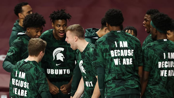 Dec 28, 2020; Minneapolis, Minnesota, USA; Michigan State Spartans forward Joey Hauser (20) is introduced prior to the game against the Minnesota Gophers at Williams Arena. Mandatory Credit: Harrison Barden-USA TODAY Sports