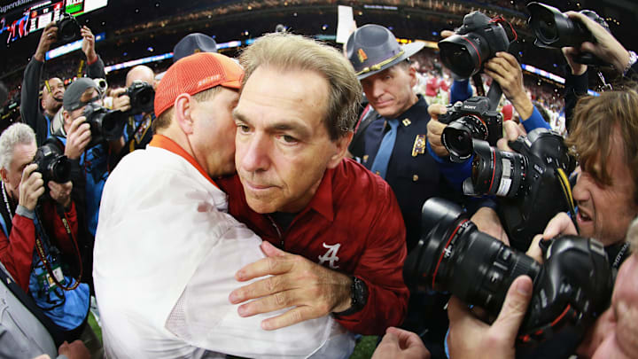 NEW ORLEANS, LA – JANUARY 01: Head coach Nick Saban of the Alabama Crimson Tide and head coach Dabo Swinney of the Clemson Tigers greet after the AllState Sugar Bowl at the Mercedes-Benz Superdome on January 1, 2018 in New Orleans, Louisiana. (Photo by Sean Gardner/Getty Images)