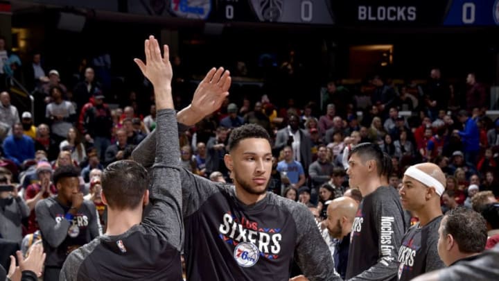 CLEVELAND, OH - MARCH 1: Ben Simmons #25 of the Philadelphia 76ers high fives his teammates before the game against the Cleveland Cavaliers on March 1, 2018 at Quicken Loans Arena in Cleveland, Ohio. NOTE TO USER: User expressly acknowledges and agrees that, by downloading and/or using this Photograph, user is consenting to the terms and conditions of the Getty Images License Agreement. Mandatory Copyright Notice: Copyright 2018 NBAE (Photo by David Liam Kyle/NBAE via Getty Images)