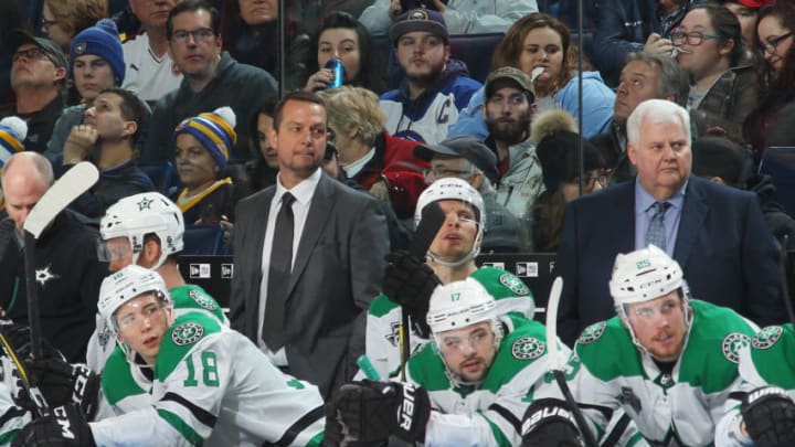 BUFFALO, NY - JANUARY 20: Assistant coach Stu Barnes (C) and head coach Ken Hitchcock (R) of the Dallas Stars watch the action during an NHL game Buffalo Sabres on January 20, 2018 at KeyBank Center in Buffalo, New York. Dallas won, 7-1. (Photo by Bill Wippert/NHLI via Getty Images)