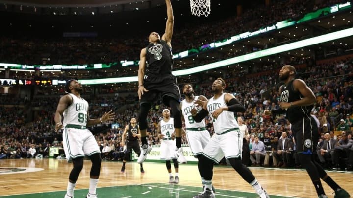 Apr 8, 2016; Boston, MA, USA; Milwaukee Bucks forward Giannis Antetokounmpo (34) shoots the ball against the Boston Celtics during the first half at TD Garden. Mandatory Credit: Mark L. Baer-USA TODAY Sports
