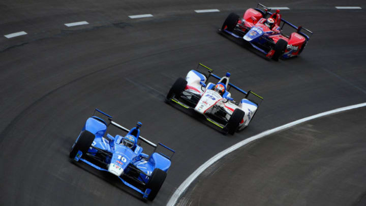 FORT WORTH, TX - JUNE 09: Tony Kanaan, driver of the #10 NTT Data Chip Ganassi Racing Honda, leads Ed Jones, driver of the #19 Boy Scouts of America Honda, and Alexander Rossi, driver of the #98 Andretti Autosport/Curb Honda, during practice for the Verizon IndyCar Series Rainguard Water Sealers 600 at Texas Motor Speedway on June 9, 2017 in Fort Worth, Texas. (Photo by Robert Laberge/Getty Images)