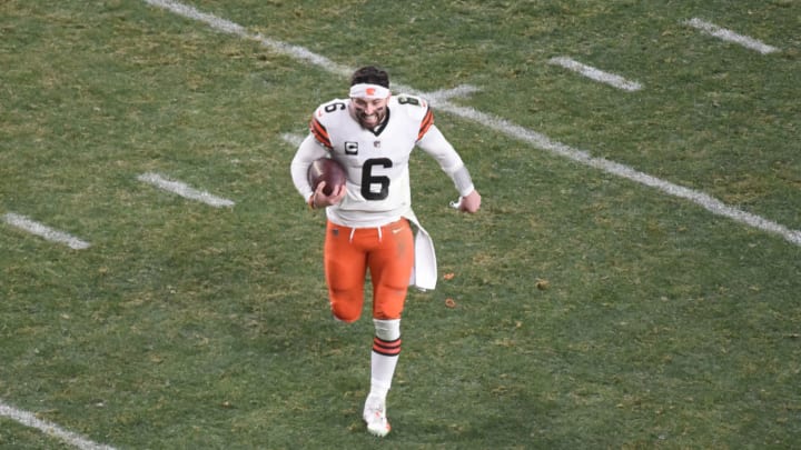 Jan 10, 2021; Pittsburgh, PA, USA; Cleveland Browns quarterback Baker Mayfield (6) runs off the field after the AFC Wild Card playoff game against the Pittsburgh Steelers at Heinz Field. Mandatory Credit: Philip G. Pavely-USA TODAY Sports