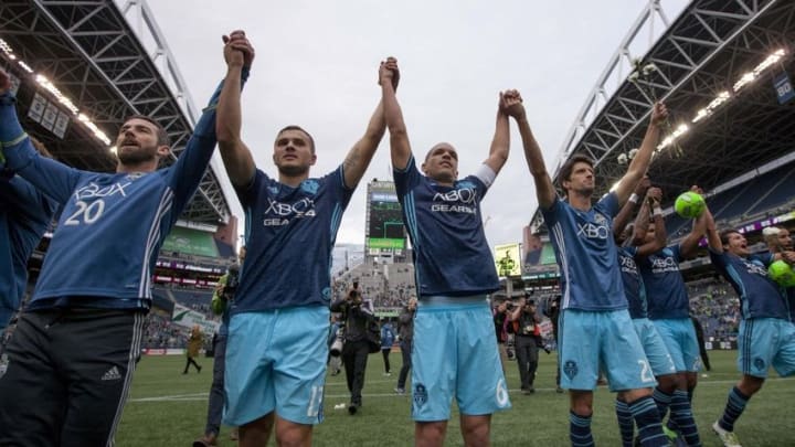 Oct 23, 2016; Seattle, WA, USA; The Seattle Sounders FC celebrate after a game against the Real Salt Lake at CenturyLink Field. Seattle won 2-1. Mandatory Credit: Jennifer Buchanan-USA TODAY Sports