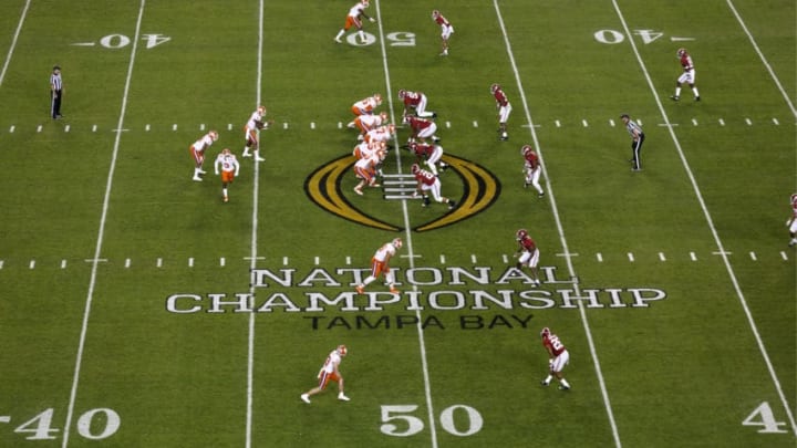 TAMPA, FL - JANUARY 09: A general view from up high at mid-field during the open drive of the Clemson Tigers against the Alabama Crimson Tide during the 2017 College Football Playoff National Championship Game at Raymond James Stadium on January 9, 2017 in Tampa, Florida. The Clemson Tigers defeated The Alabama Crimson Tide 35 to 31. (Photo by Don Juan Moore/Getty Images) *** Local Caption ***