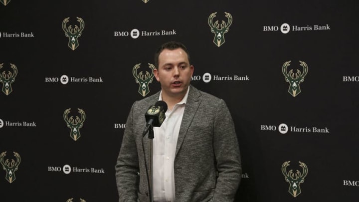 MILWAUKEE, WI - JANUARY 22: General Manager Jon Horst speaks to media about the letting go of head coach of the Milwaukee Bucks Jason Kidd before game against the Phoenix Suns on January 22, 2018 at the BMO Harris Bradley Center in Milwaukee, Wisconsin. NOTE TO USER: User expressly acknowledges and agrees that, by downloading and or using this Photograph, user is consenting to the terms and conditions of the Getty Images License Agreement. Mandatory Copyright Notice: Copyright 2018 NBAE (Photo by Gary Dineen/NBAE via Getty Images)