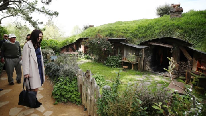 MATAMATA, NEW ZEALAND - OCTOBER 04: New Zealand Prime Minister Jacinda Ardern tours Hobbiton on October 4, 2018 in Matamata, New Zealand. The Prime Minister has announced funding to support the Matamata-Piako District develop opportunities in tourism and infrastructure with an initial investment of up to $1.7 million from the Provincial Growth Fund. The visit comes following the Prime Minister's appearance on US TV Show the Late Show with Stephen Colbert, where Jacinda Ardern revealed she had auditioned for a role in The Hobbit and Lord of The Rings films. (Photo by Hannah Peters/Getty Images,)