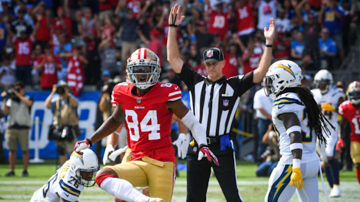 CARSON, CA - SEPTEMBER 30: Wide receiver Kendrick Bourne #84 of the San Francisco 49ers celebrates after a touchdown in the first quarter against the Los Angeles Chargers at StubHub Center on September 30, 2018 in Carson, California. (Photo by Jayne Kamin-Oncea/Getty Images)