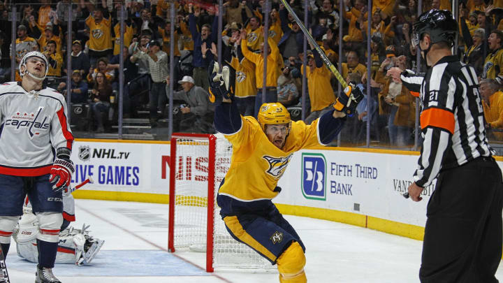NASHVILLE, TENNESSEE – OCTOBER 10: Calle Jarnkrok #19 of the Nashville Predators celebrates a goal against the Washington Capitals during the third period of a 6-5 Predators victory over the Capitals at Bridgestone Arena on October 10, 2019 in Nashville, Tennessee. (Photo by Frederick Breedon/Getty Images)