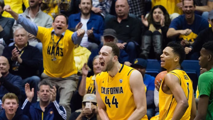 Feb 22, 2017; Berkeley, CA, USA; California Golden Bears center Kameron Rooks (44) celebrates after a basket and foul against the Oregon Ducks during the second half at Haas Pavilion. The Ducks won 68-65. Mandatory Credit: Kelley L Cox-USA TODAY Sports