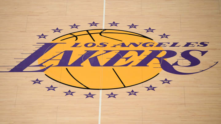 Mar 24, 2017; Los Angeles, CA, USA; General overall view of Los Angeles Lakers logo at midcourt during an NBA game against the Minnesota Timberwolves at Staples Center. Mandatory Credit: Kirby Lee-USA TODAY Sports