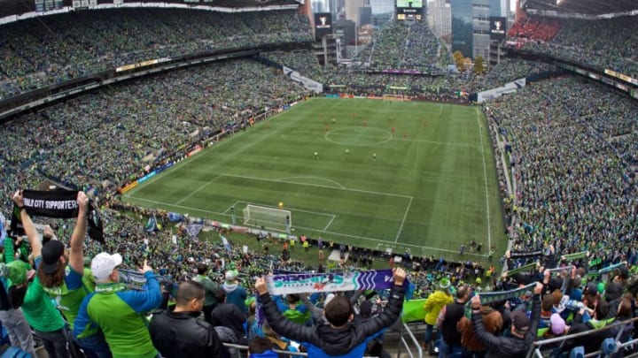 SEATTLE, WA - NOVEMBER 10: A general view of fans cheering before the MLS Cup during a game between Toronto FC and Seattle Sounders FC at CenturyLink Field on November 10, 2019 in Seattle, Washington. (Photo by Craig Mitchelldyer/ISI Photos/Getty Images)