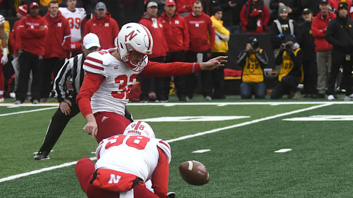 IOWA CITY, IA - NOVEMBER 23: Nebraska Cornhuskers placekicker Barret Pickering (32) kicks a field goal during a Big Ten Conference football game between the Nebraska Cornhuskers and the Iowa Hawkeyes on November 23, 2018, at Kinnick Stadium, Iowa City, IA. (Photo by Keith Gillett/Icon Sportswire via Getty Images)