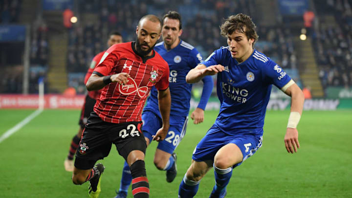 LEICESTER, ENGLAND - NOVEMBER 27: Nathan Redmond of Southampton takes on Caglar Soyuncu of Leicester City during the Carabao Cup Fourth Round match between Leicester City and Southampton at The King Power Stadium on November 27, 2018 in Leicester, England. (Photo by Ross Kinnaird/Getty Images)