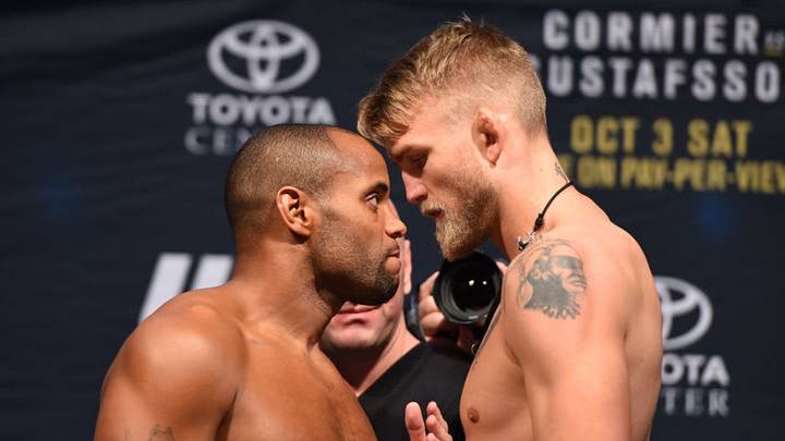 HOUSTON, TX - OCTOBER 02: UFC light heavyweight champion Daniel Cormier and Alexander Gustafsson face off during the UFC 192 weigh-in at the Toyota Center on October 2, 2015 in Houston, Texas. (Photo by Josh Hedges/Zuffa LLC/Zuffa LLC via Getty Images)