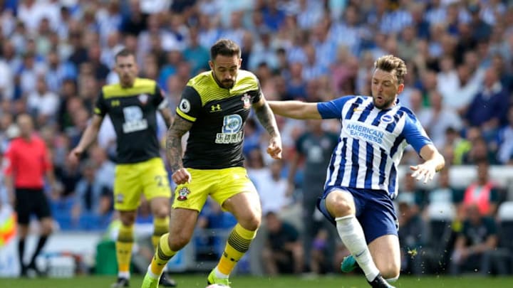 BRIGHTON, ENGLAND – AUGUST 24: Danny Ings of Southampton battles for possession with Dale Stephens of Brighton and Hove Albion during the Premier League match between Brighton & Hove Albion and Southampton FC at American Express Community Stadium on August 24, 2019 in Brighton, United Kingdom. (Photo by Henry Browne/Getty Images)