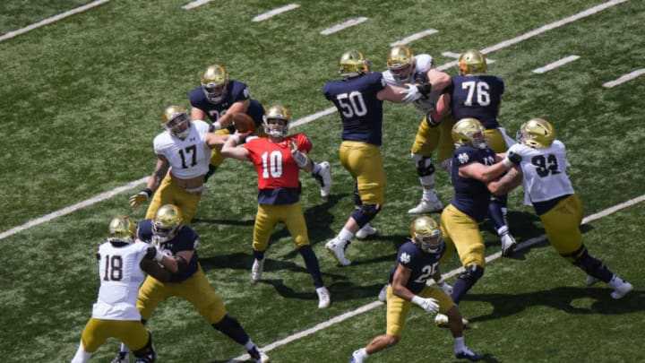 SOUTH BEND, INDIANA - MAY 01: Drew Pyne #10 of the Notre Dame Fighting Irish passes in the first half of the Blue-Gold Spring Game at Notre Dame Stadium on May 01, 2021 in South Bend, Indiana. (Photo by Quinn Harris/Getty Images)