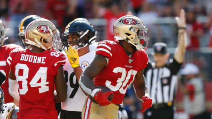 SANTA CLARA, CALIFORNIA – SEPTEMBER 22: Jeff Wilson #30 of the San Francisco 49ers celebrates after scoring a touchdown in the third quarter against the Pittsburgh Steelers at Levi’s Stadium on September 22, 2019 in Santa Clara, California. (Photo by Lachlan Cunningham/Getty Images)