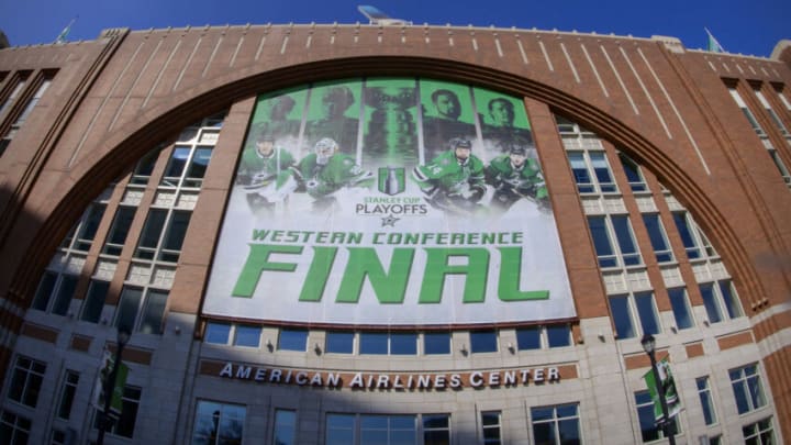 May 23, 2023; Dallas, Texas, USA; A view of the arena and the Stanley Cup playoffs logo before the game between the Dallas Stars and the Vegas Golden Knights in game three of the Western Conference Finals of the 2023 Stanley Cup Playoffs at American Airlines Center. Mandatory Credit: Jerome Miron-USA TODAY Sports