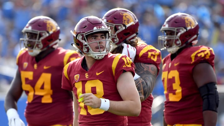 PASADENA, CALIFORNIA – NOVEMBER 17: JT Daniels #18 of the USC Trojans reacts after a stop on third down by the UCLA Bruins defense during the first half at Rose Bowl on November 17, 2018 in Pasadena, California. (Photo by Harry How/Getty Images)