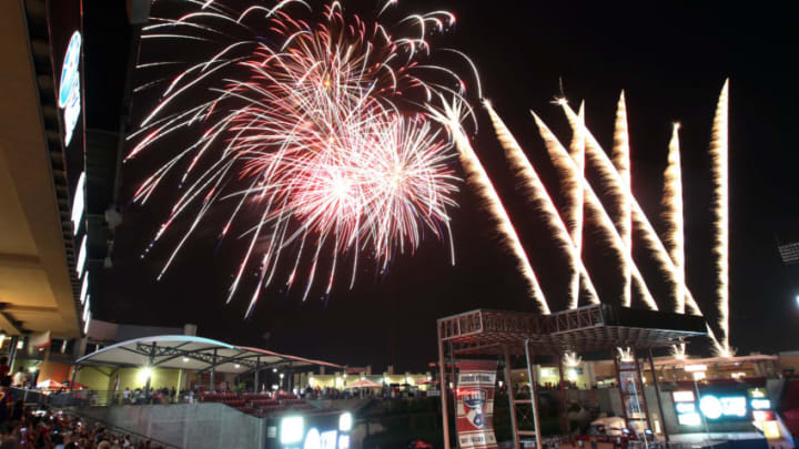 FRISCO, TX - JULY 4: A fireworks show celebrating the 4th of July is displayed after the FC Dallas and Toronto FC game at FC Dallas Stadium on July 4, 2012 in Frisco, Texas. (Photo by Layne Murdoch/Getty Images)