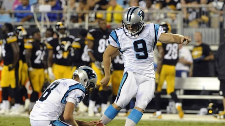 Sep 1, 2016; Charlotte, NC, USA; Carolina Panthers kicker Graham Gano (9) kicks a field goal during the first half of the game against the Pittsburgh Stellers at Bank of America Stadium. Mandatory Credit: Sam Sharpe-USA TODAY Sports