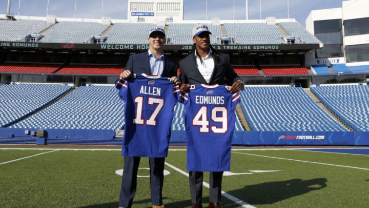 Apr 27, 2018; Orchard Park, NY, USA; Buffalo Bills first round draft picks quarterback Josh Allen and linebacker Tremaine Edmunds during a press conference at New Era Field. Mandatory Credit: Timothy T. Ludwig-USA TODAY Sports