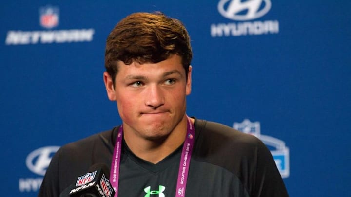 Feb 25, 2016; Indianapolis, IN, USA; Penn State quarterback Christian Hackenberg speaks to the media during the 2016 NFL Scouting Combine at Lucas Oil Stadium. Mandatory Credit: Trevor Ruszkowski-USA TODAY Sports