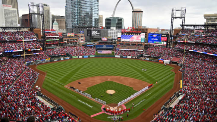 Apr 7, 2022; St. Louis, Missouri, USA; A general view of the National Anthem before Opening Day between the St. Louis Cardinals and the Pittsburgh Pirates at Busch Stadium. Mandatory Credit: Jeff Curry-USA TODAY Sports