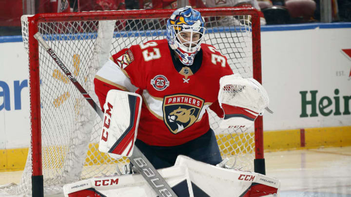 SUNRISE, FL - MARCH 2: Goaltender Sam Montembeault #33 of the Florida Panthers on the ice for warm ups against the Carolina Hurricanes at the BB&T Center on March 2, 2019 in Sunrise, Florida. (Photo by Eliot J. Schechter/NHLI via Getty Images)