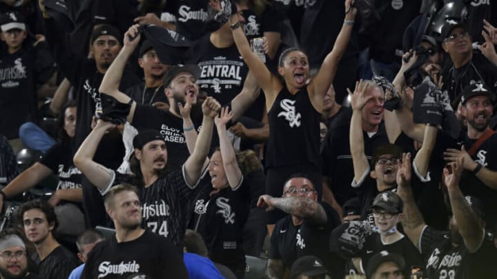 CHICAGO, ILLINOIS - OCTOBER 10: Chicago White Sox fans cheer for their team in the sixth inning during game 3 of the American League Division Series against the Houston Astros at Guaranteed Rate Field on October 10, 2021 in Chicago, Illinois. (Photo by Quinn Harris/Getty Images)