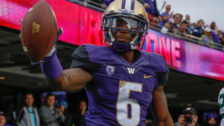SEATTLE, WA - SEPTEMBER 17: Wide receiver Chico McClatcher #6 of the Washington Huskies reacts after scoring a touchdown against the Portland State Vikings in the second quarter on September 17, 2016 at Husky Stadium in Seattle, Washington. The Huskies defeated the Vikings 41-3. (Photo by Otto Greule Jr/Getty Images)