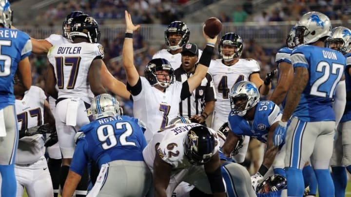 Aug 27, 2016; Baltimore, MD, USA; Baltimore Ravens quarterback Ryan Mallett (7) reacts after diving into the end zone for a touchdown against the Detroit Lions at M&T Bank Stadium. Mandatory Credit: Mitch Stringer-USA TODAY Sports