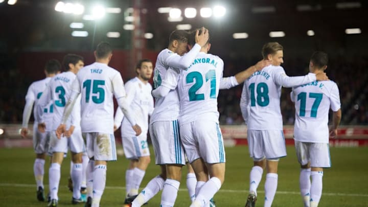 SORIA, SPAIN - JANUARY 04: Borja Mayoral of Real Madrid celebrates with Achraf Hakimi after scoring his team's 3rd goal during the Copa del Rey match between Numancia and Real Madrid at Nuevo Estadio Los Pajarito on January 4, 2018 in Soria, Spain. (Photo by Denis Doyle/Getty Images)