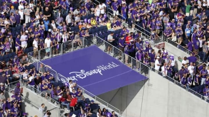 Mar 8, 2015; Orlando, FL, USA; An overhead view of Walt Disney World advertisement in the Florida Citrus Bowl during the first half of an MLS soccer match between Orlando City FC and New York City FC at Orlando Citrus Bowl Stadium. Mandatory Credit: Reinhold Matay-USA TODAY Sports