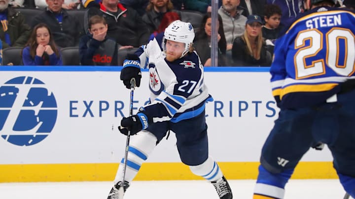 ST. LOUIS, MO – FEBRUARY 6: Nikolaj Ehlers #27 of the Winnipeg Jets shoots the puck against the St. Louis Blues at the Enterprise Center on February 6, 2020 in St. Louis, Missouri. (Photo by Dilip Vishwanat/Getty Images)